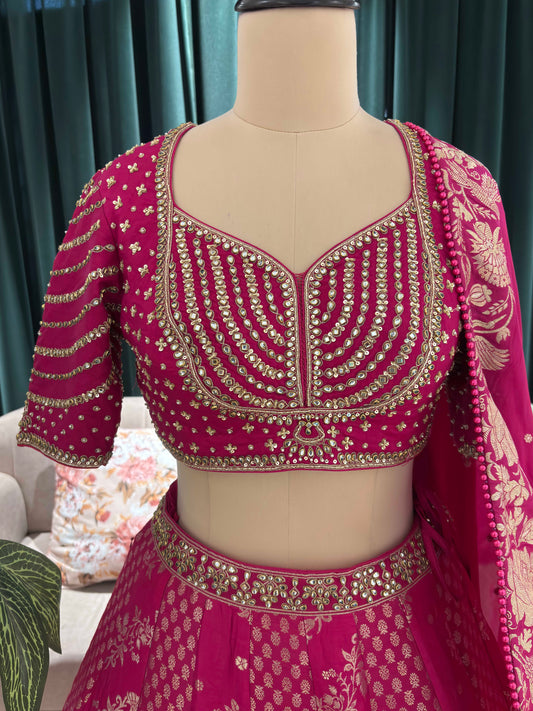 Rani Pink Embroidered Silk Lehenga Choli with Dupatta