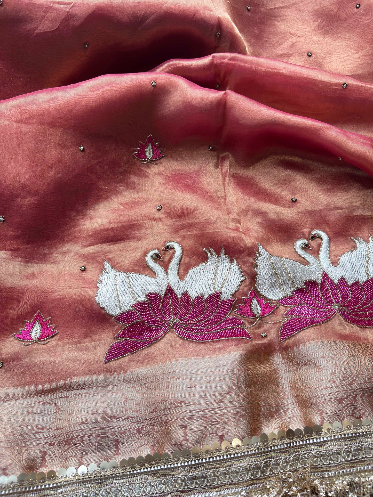 Rajhansani Peach Designer Saree with Lotus Embroidery Golden Border
