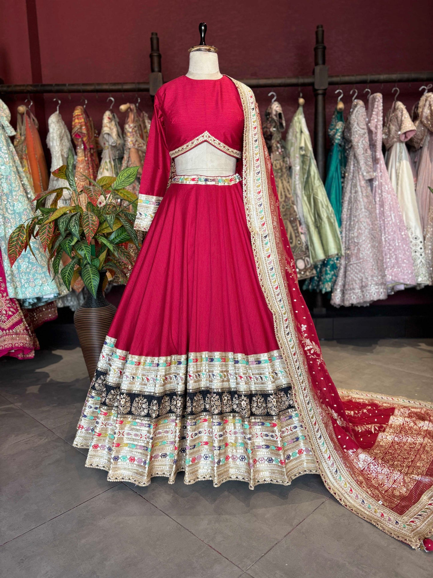 Designer Inspired Red Silk Multicolor Embroidered Lehenga Set