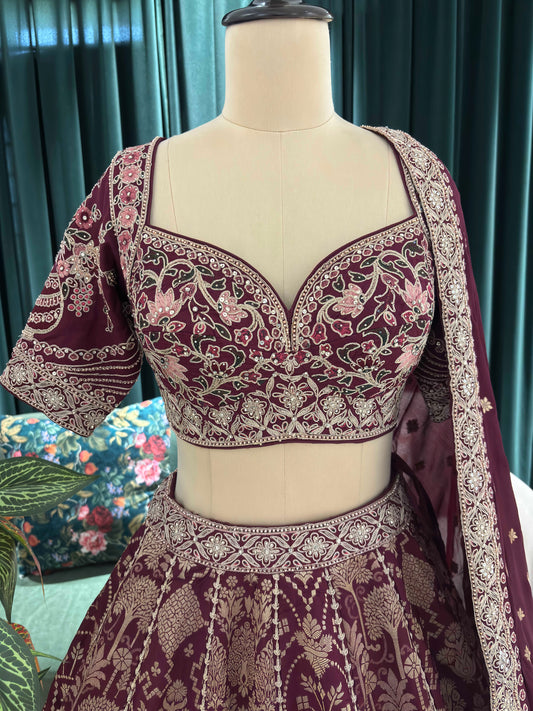 Maroon Hand-Embroidered Lehenga Set with Zari & Resham Detailing