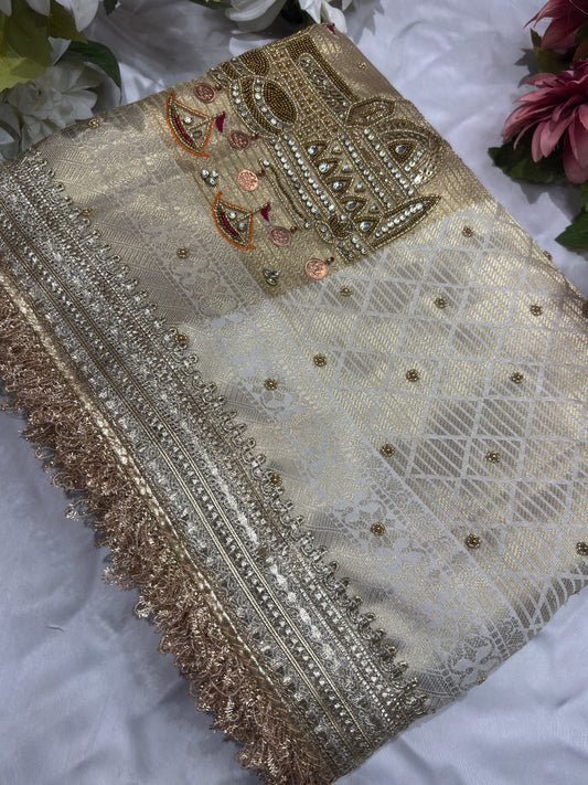 Ganga Ghat Golden Beige Saree with Mirror & Boat Motifs