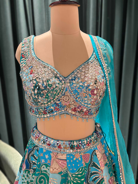Teal Blue Multicolor Embroidered Lehenga Set