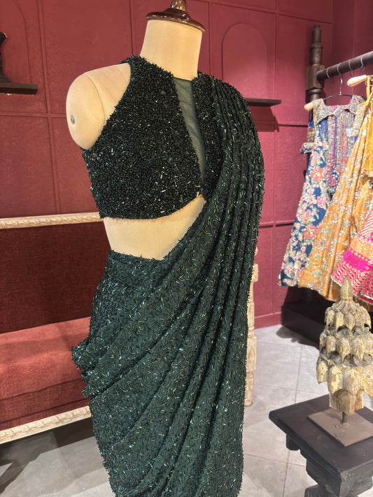 Designer Emerald Green Drape Saree With Designer Blouse