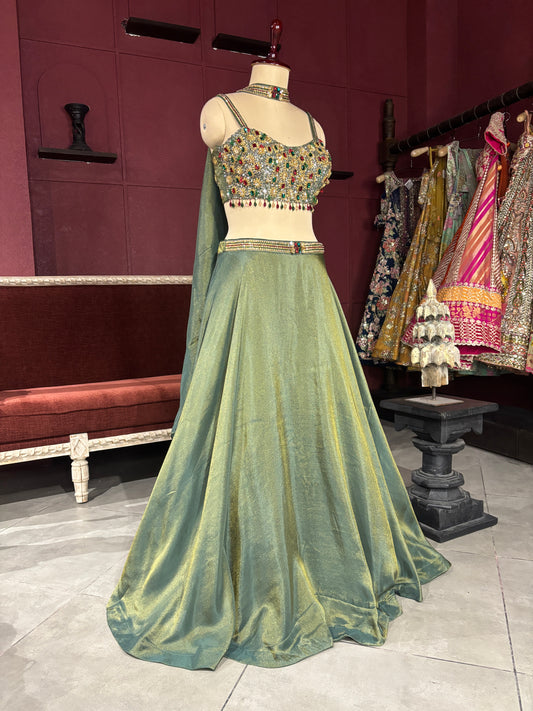 Emerald Green Lehenga with Gemstone Embellished Blouse