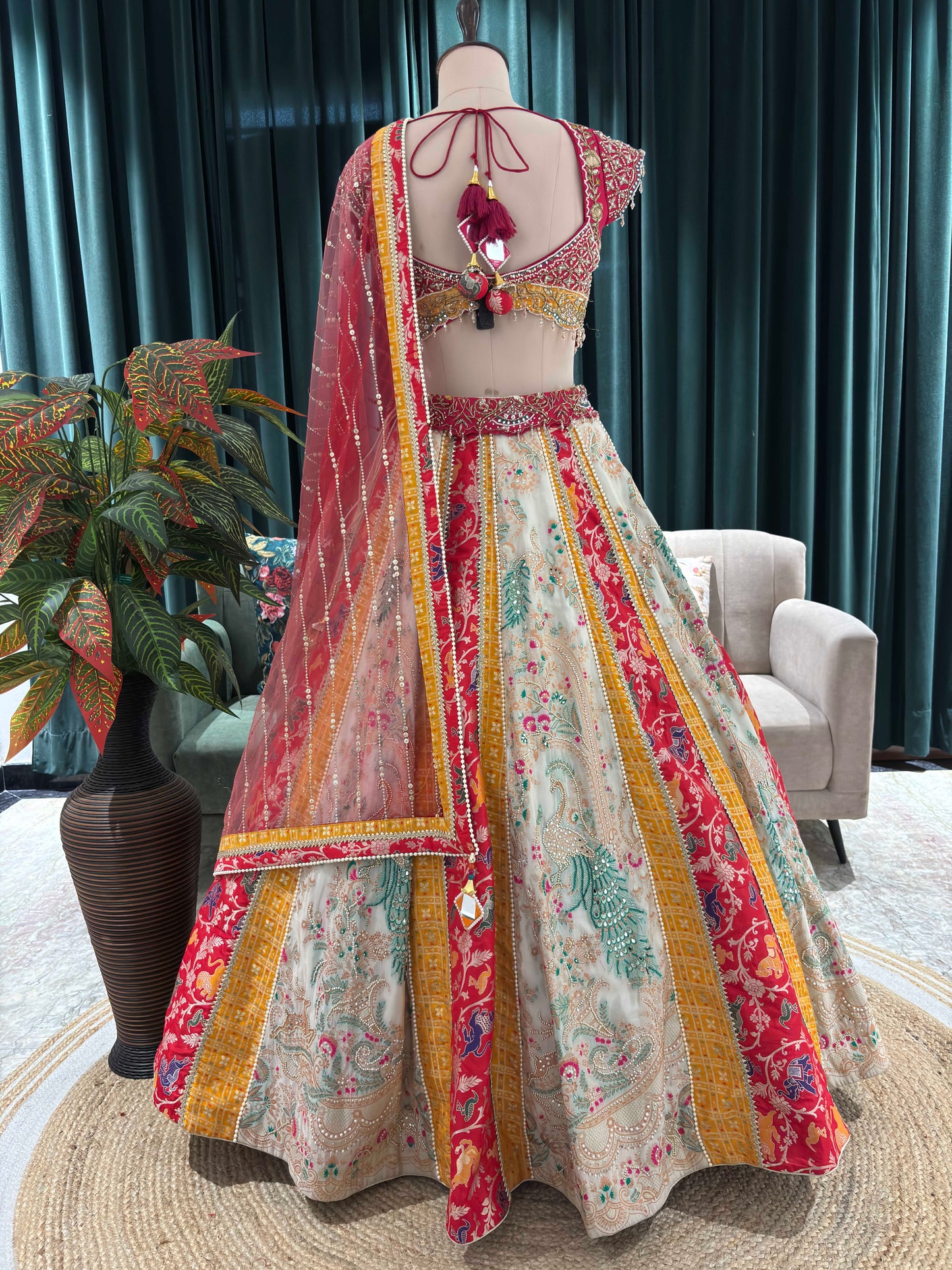 Grand Multihued Panelled Lehenga with Beadwork & Heritage Motifs