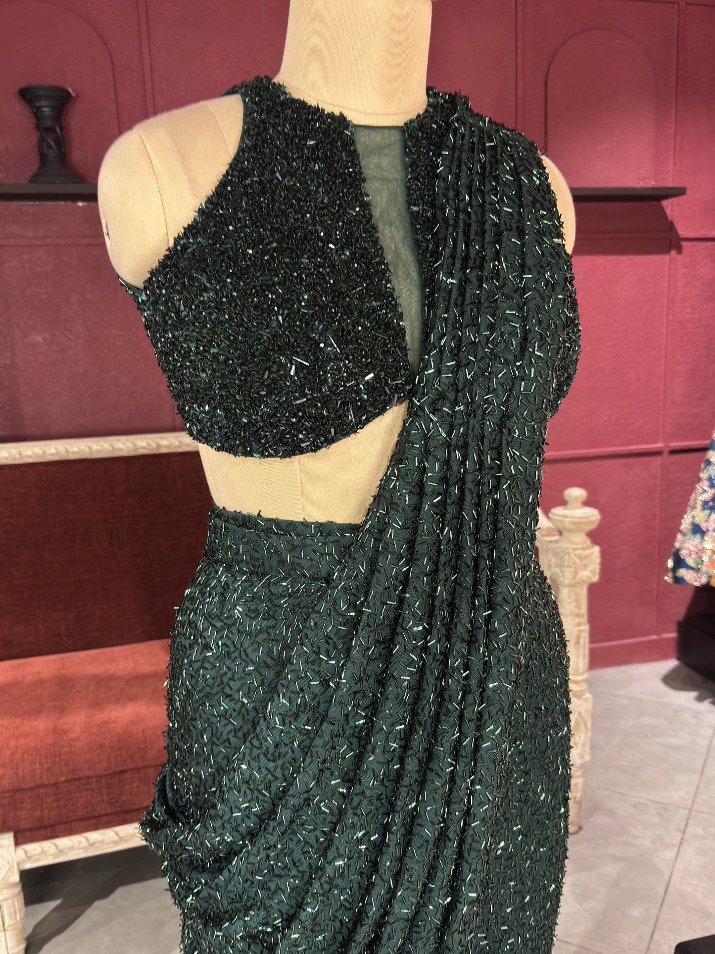 Designer Emerald Green Drape Saree With Designer Blouse