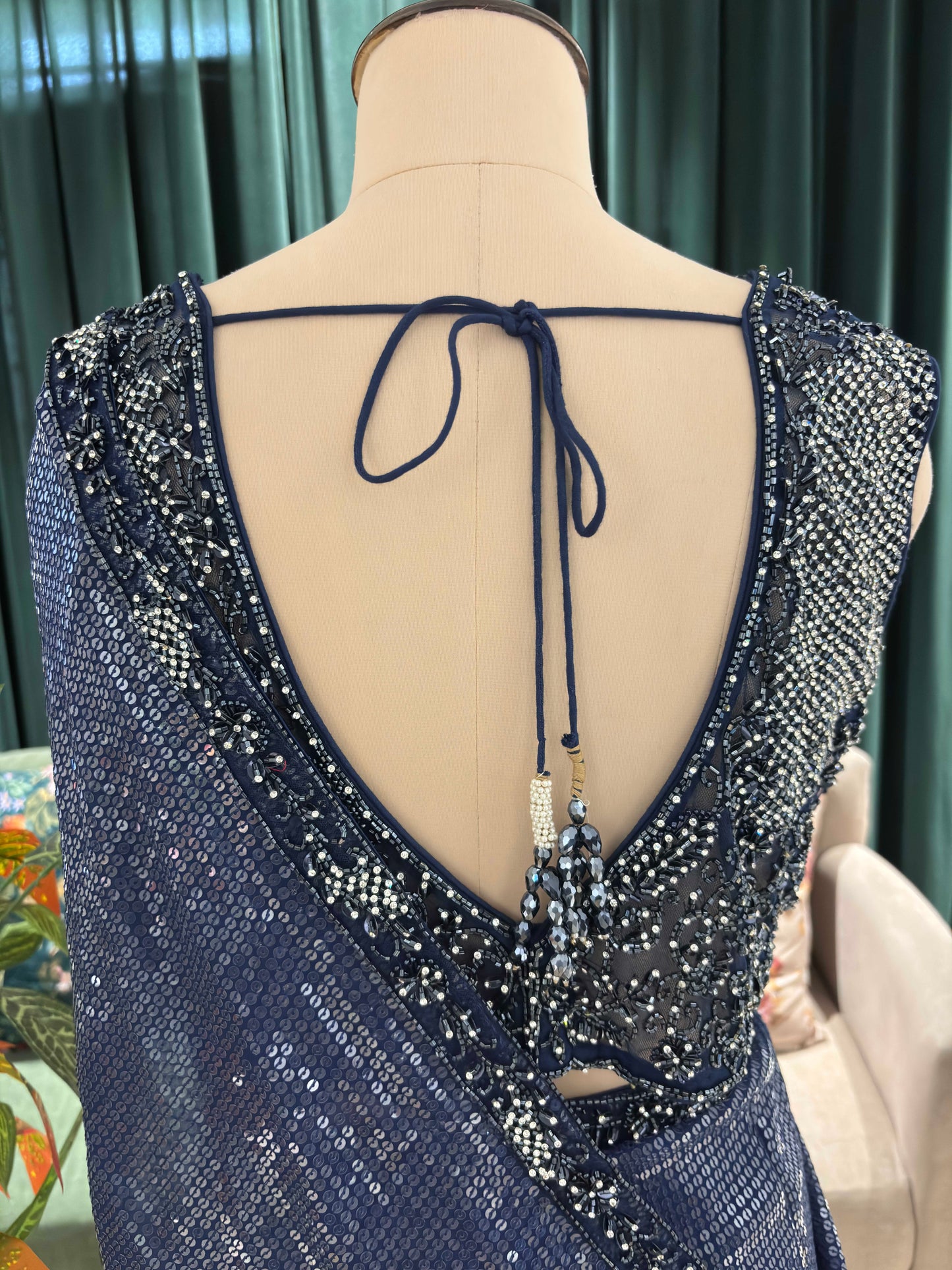 Navy Blue Sequin Saree with Shimmer Border and Blouse