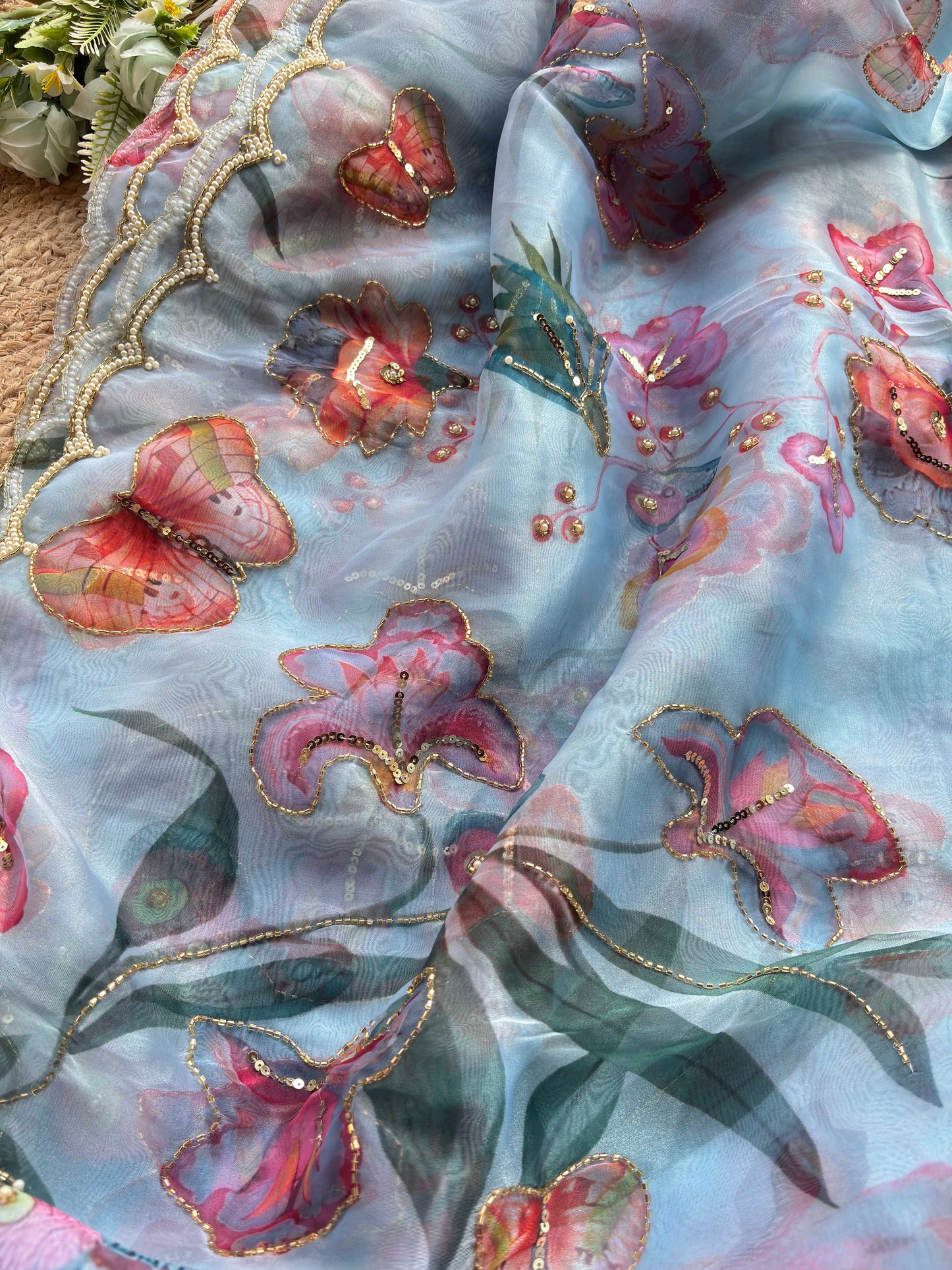 Powder Blue Floral & Butterfly Printed Saree with Pearl Scallop Border