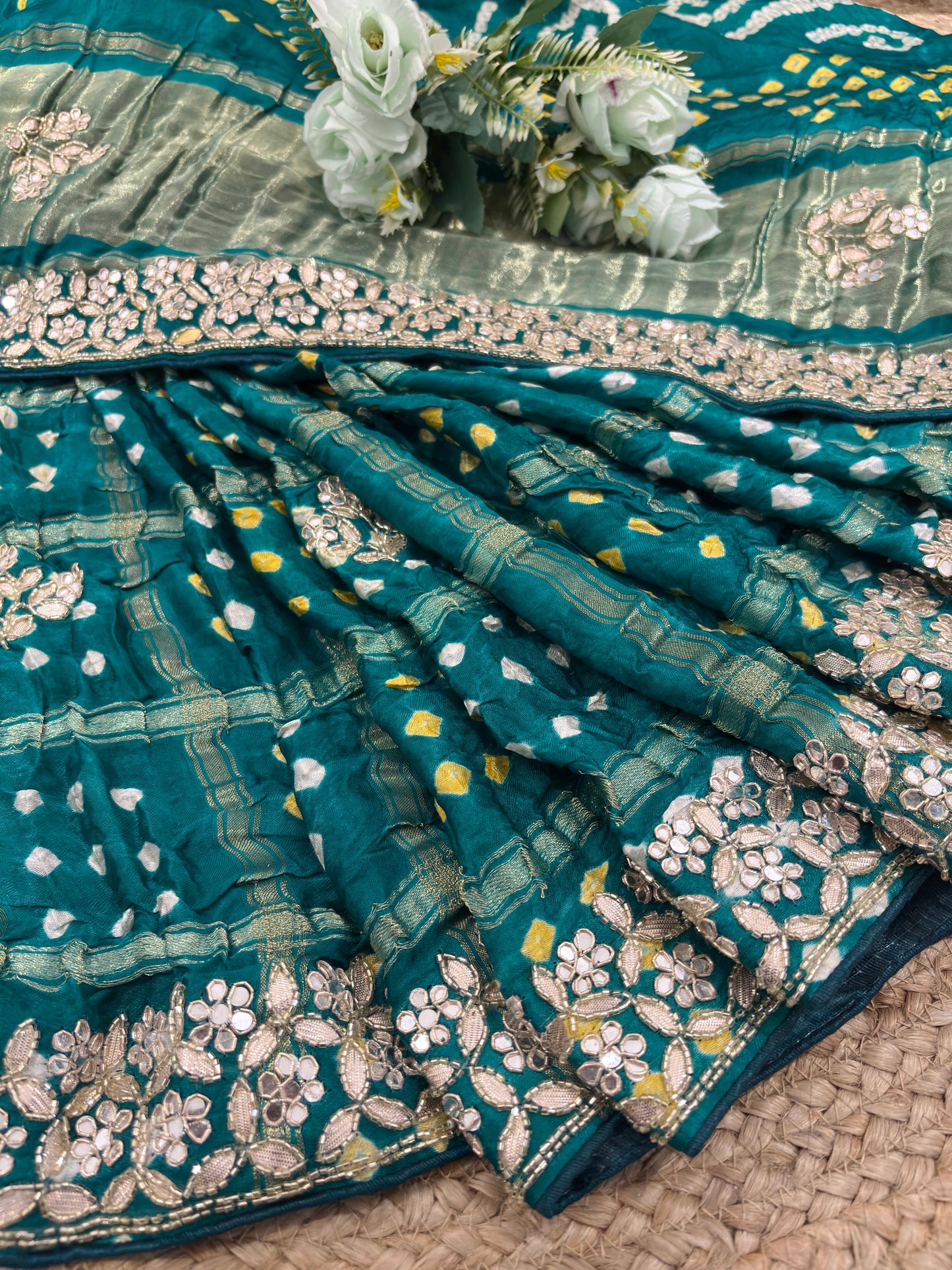 Teal Green Bandhani Saree with Mirror Embroidery