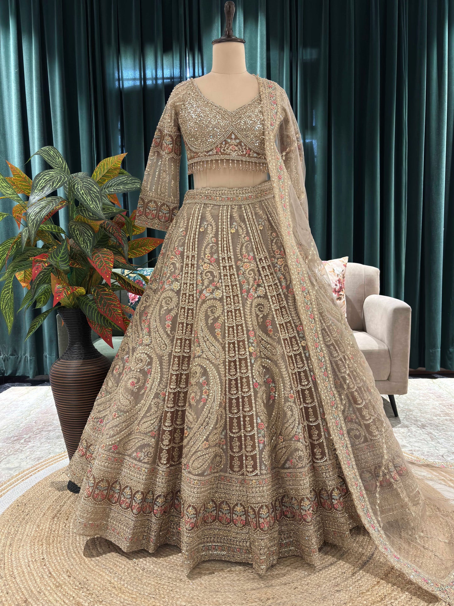 Hand-Embroidered Lehenga with Paisley Motifs and Sheer Dupatta