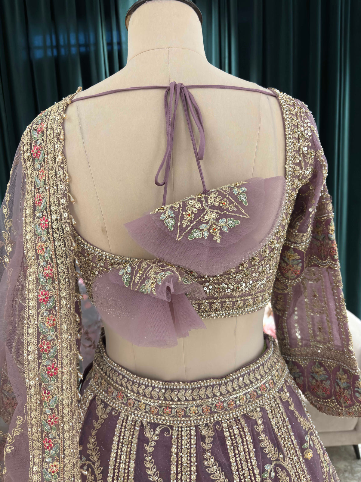 Hand-Embroidered Lehenga with Paisley Motifs and Sheer Dupatta