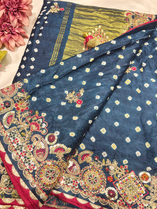 Gajji Silk Navy Blue Saree with Ornate Gold Embroidery