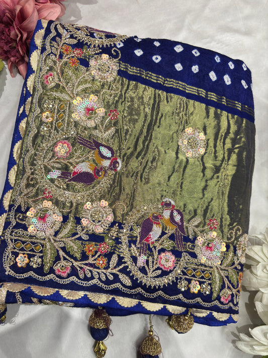 Gajji Silk Royal Blue Saree with Golden Bird Embroidery