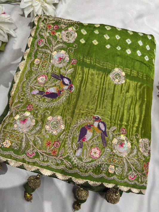 Gajji Silk Sage Green Saree with Bird and Floral Embroidery