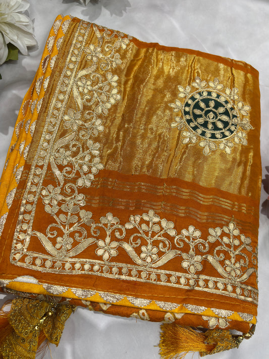 Gajji Silk Mustard Yellow Colour Saree with Floral Vine Embroidery