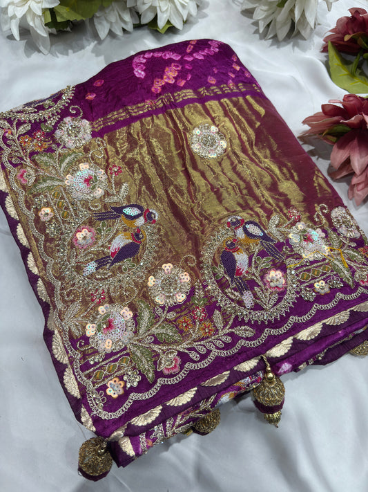 Gajji Silk Wine Colour Saree with Bird and Floral Motifs