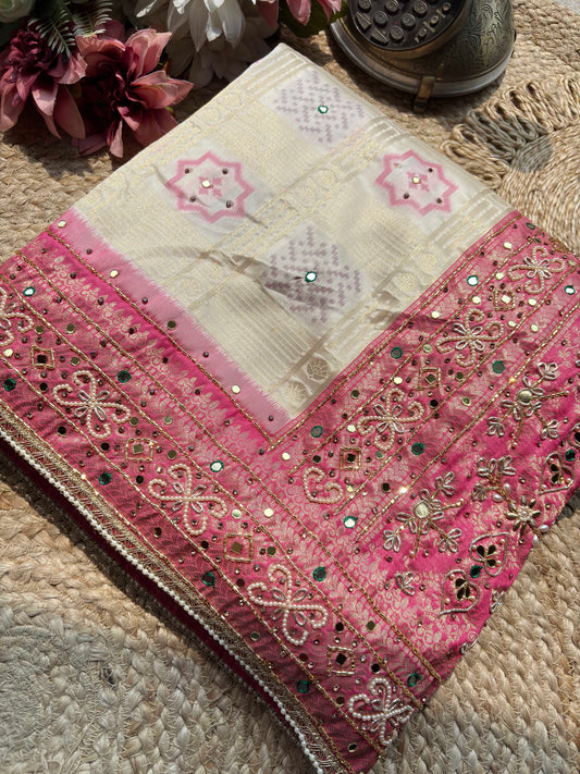 Ivory Woven Saree with Pink Mirror & Pearl Embellished Border