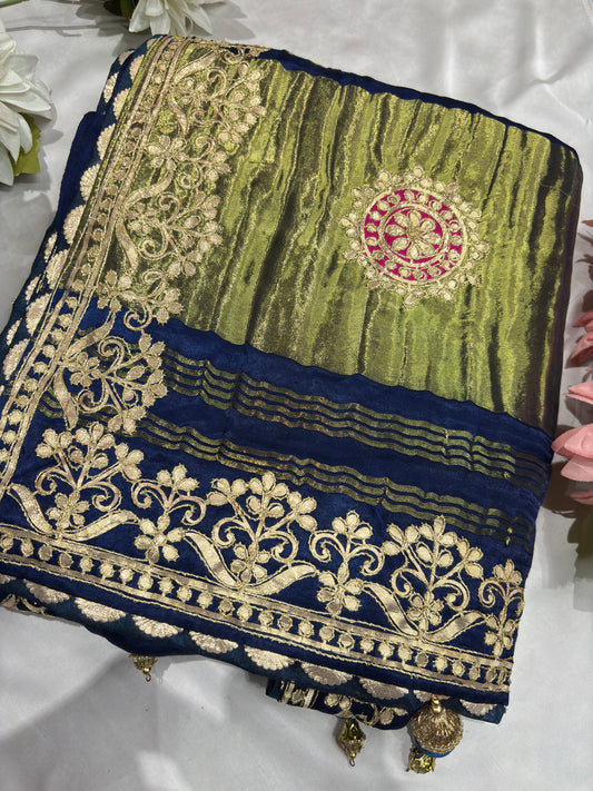 Gajji Silk Designer Saree with Navy Blue Floral Border