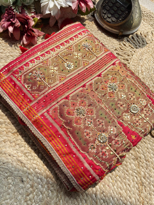Rani Pink Patola Saree with Elephant Motifs & Embellished Border
