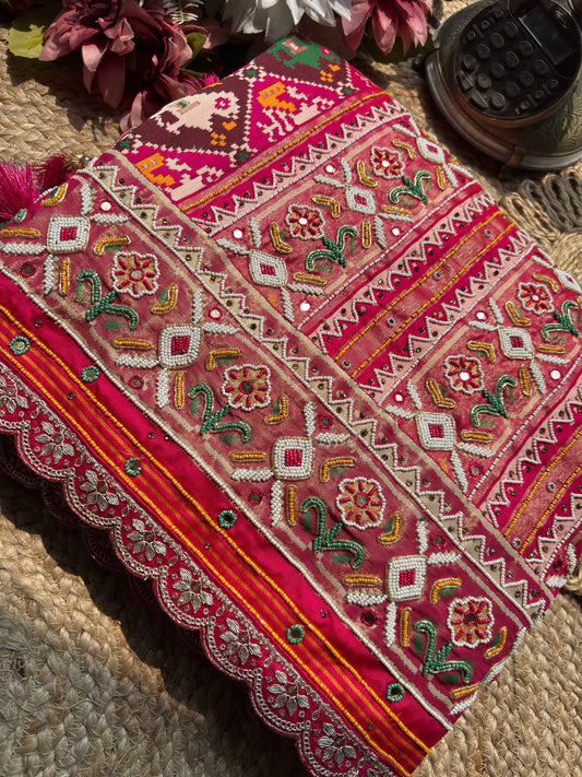 Rani Pink Patola Saree with Elephant Motifs & Beaded Border