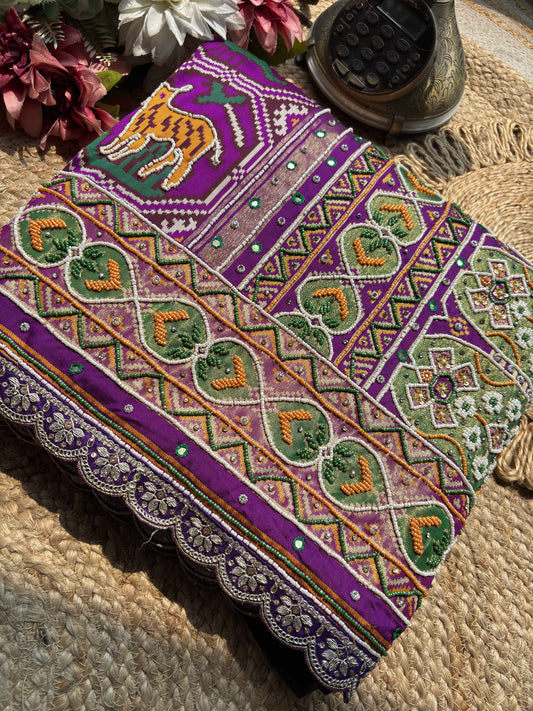 Purple Patola Saree with Tiger Motifs & Beaded Border