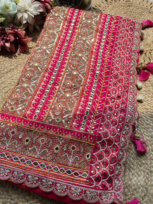 Rani Pink Patola Mirror Work Saree with Heavy Embellished Border