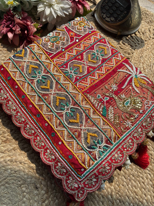 Red Patola Embellished Saree with Beadwork & Bird Motif Border