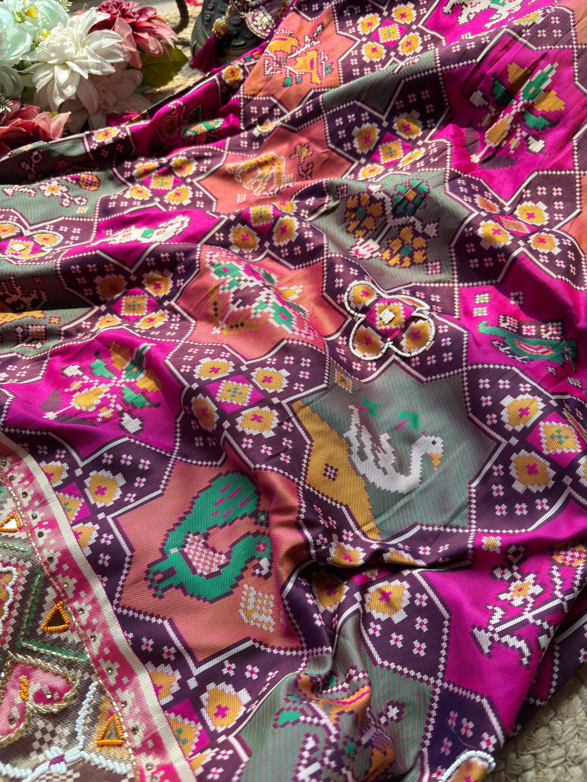 Purple Patola Saree with Floral Beadwork & Mirror Border
