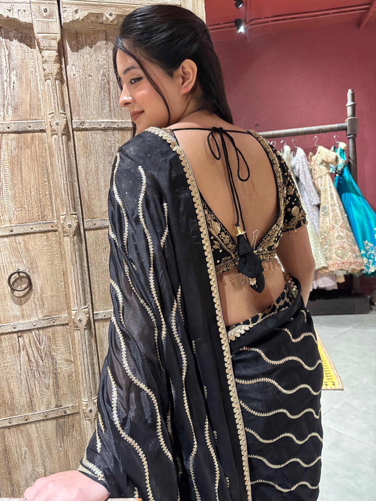 Black Saree with Gold Wave Embroidery & Designer Blouse