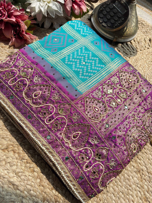 Turquoise Patola Saree with Purple Embellished Paisley Border