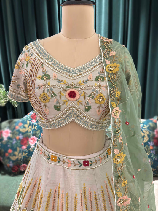 Ivory Multicolor Embroidered Lehenga with Mint Green Organza Dupatta