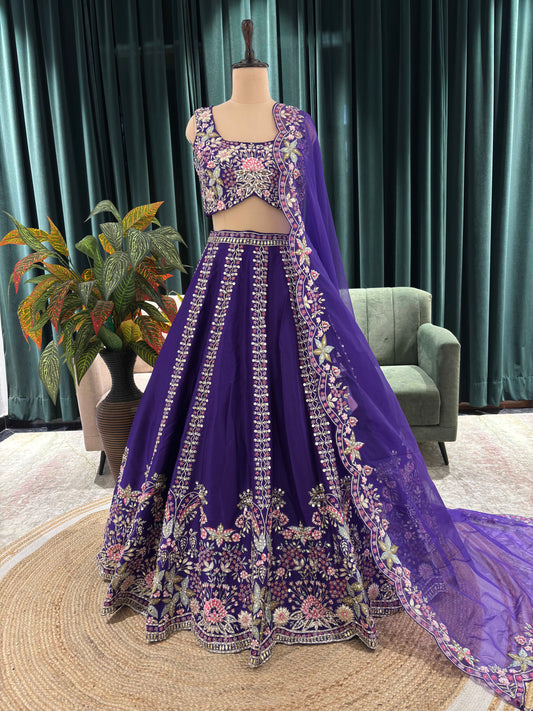 Purple Embroidered Lehenga with Floral Zari & Resham Accents