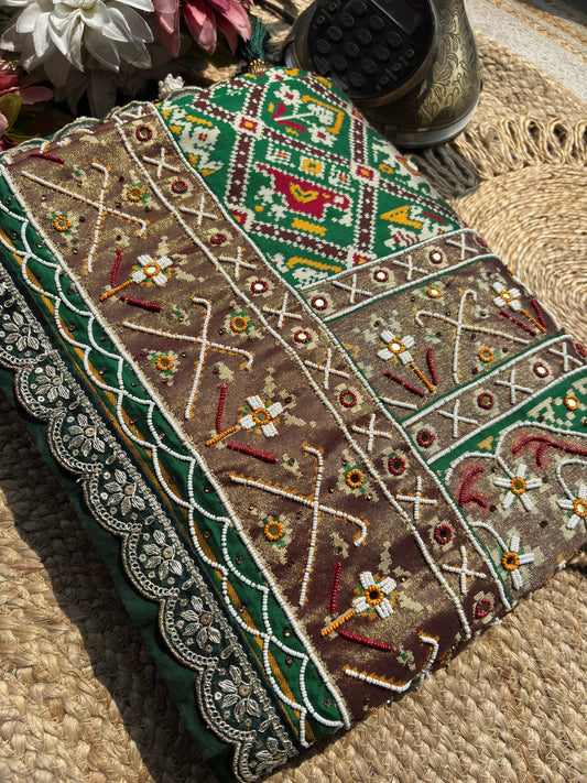 Green Patola Saree with Elephant Motifs & Floral Beadwork