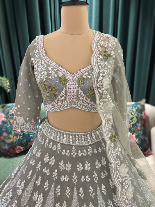 Dusty Grey Multicolor Embroidered Lehenga with Net Dupatta