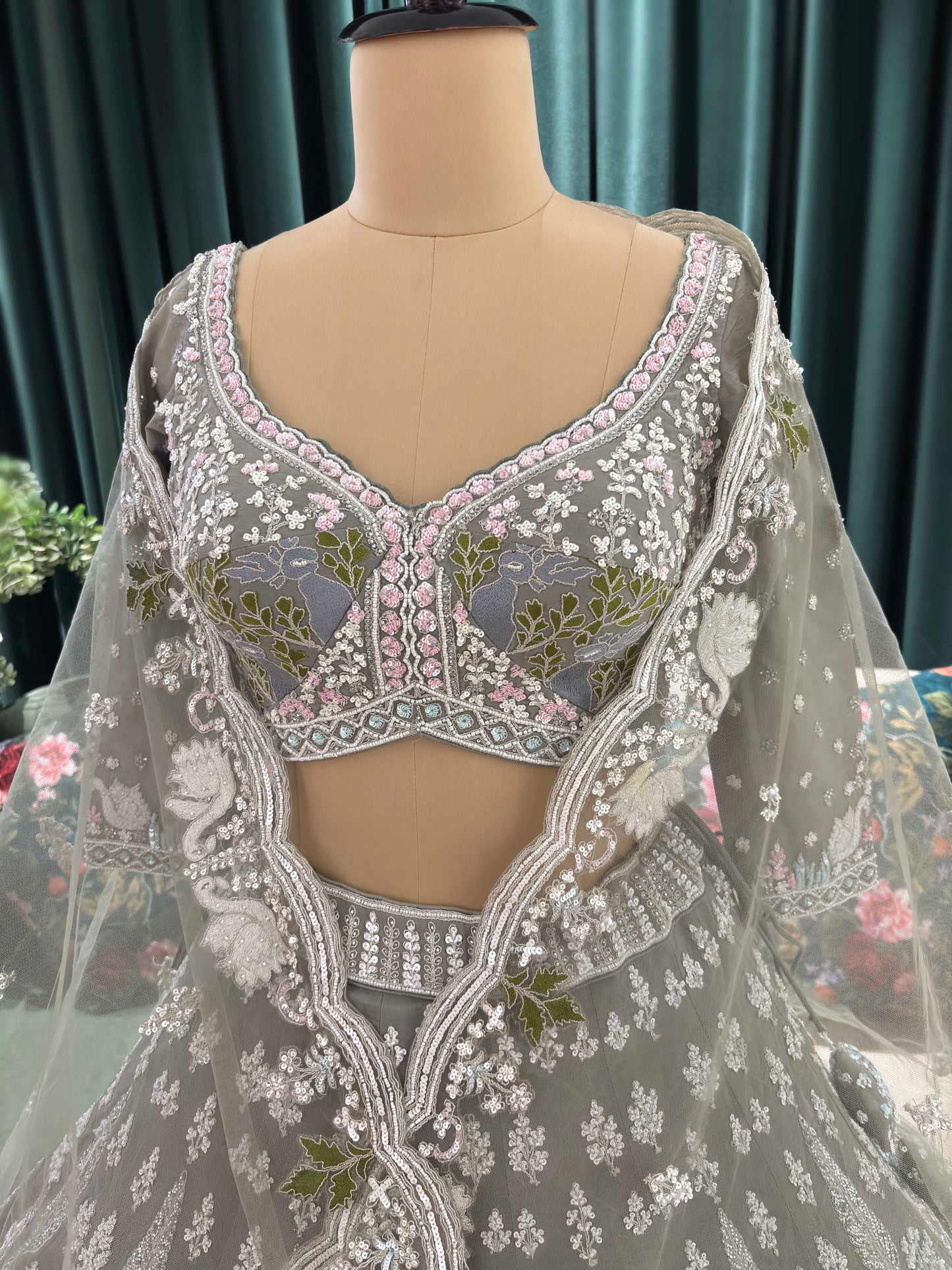 Dusty Grey Multicolor Embroidered Lehenga with Net Dupatta