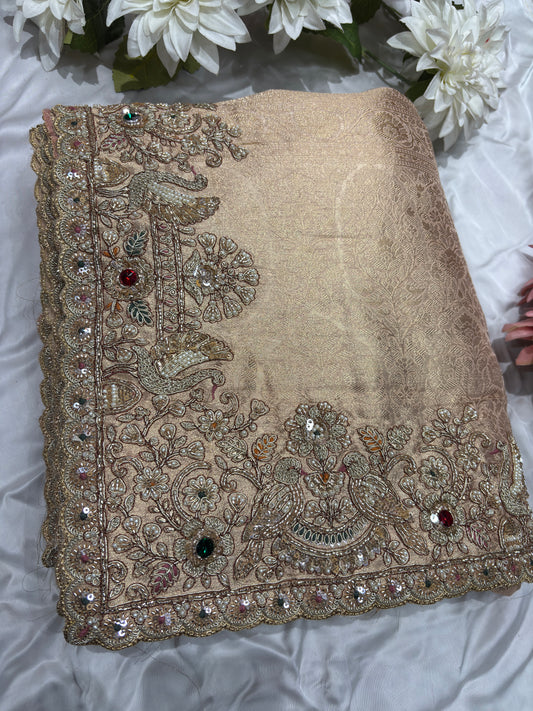 Golden Silk Saree with Ornate Bird Embroidery
