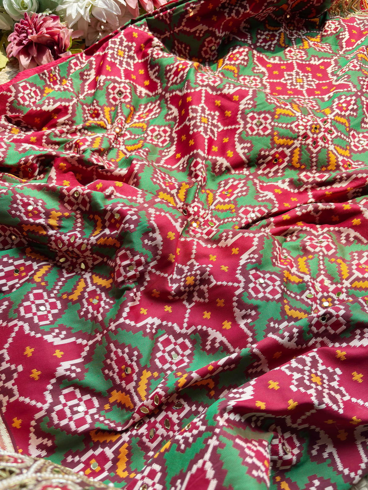Maroon Green Patola Saree with Mirror & Pearl Embellished Border