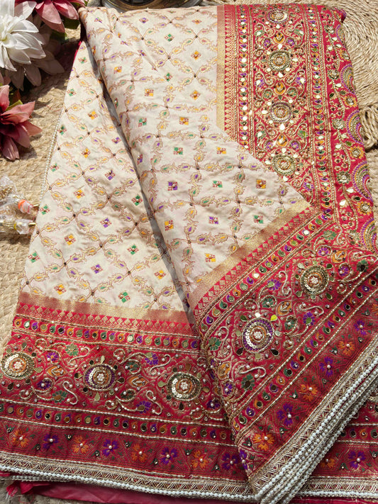 Ivory Saree with Red Mirror Work & Embellished Designer Border