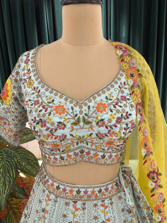 Designer Lehenga Set Thread Sequins Work with Marigold Dupatta