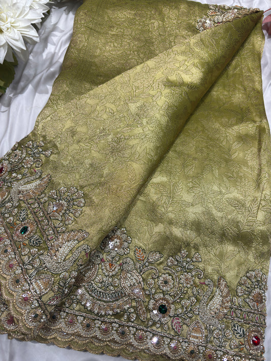 Green Silk Saree with Ornate Bird Embroidery