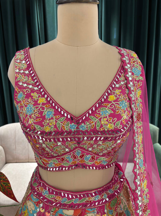 Multicolor Floral Geometric Lehenga Set with Sheer Pink Dupatta