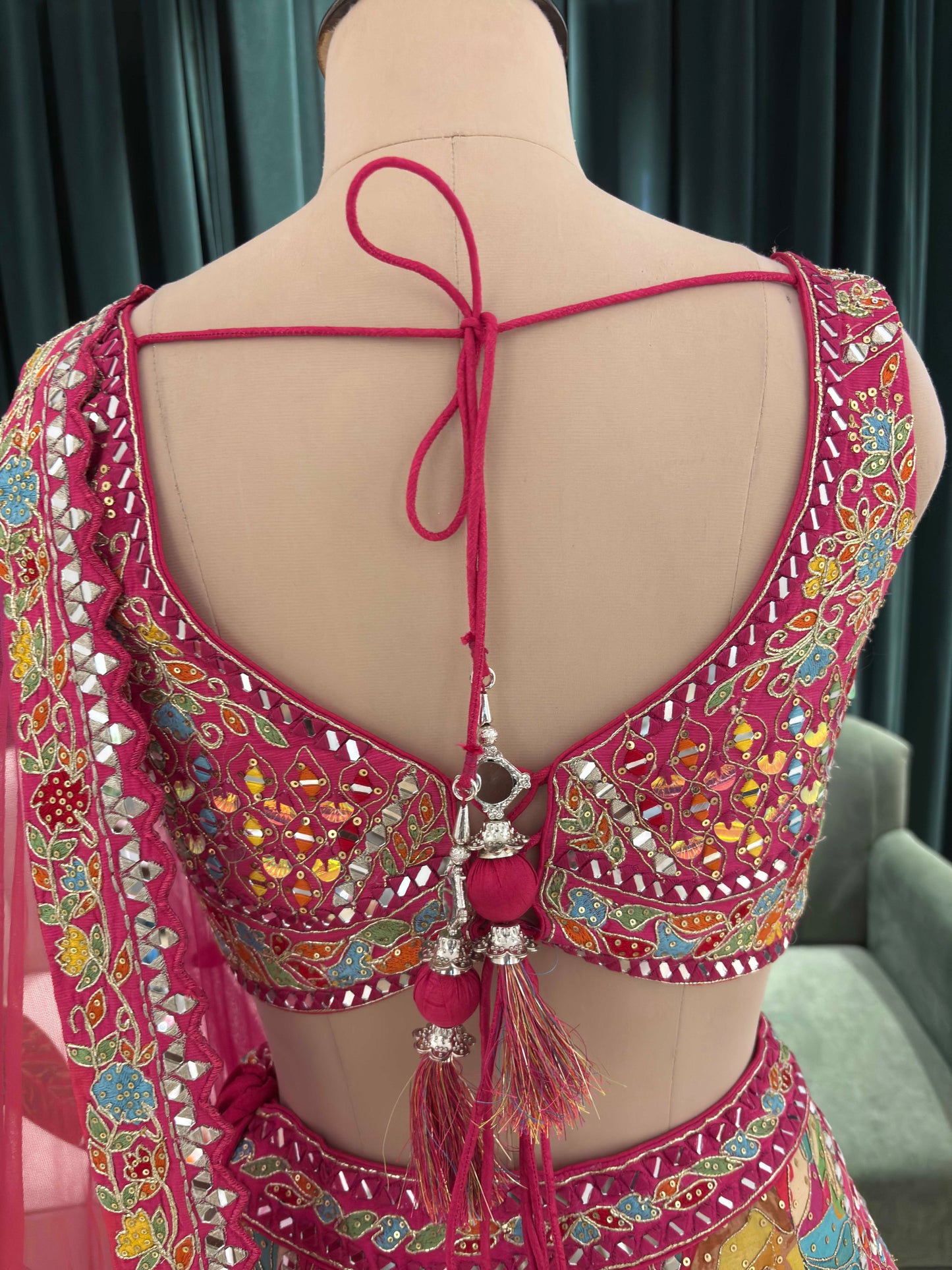 Multicolor Floral Geometric Lehenga Set with Sheer Pink Dupatta