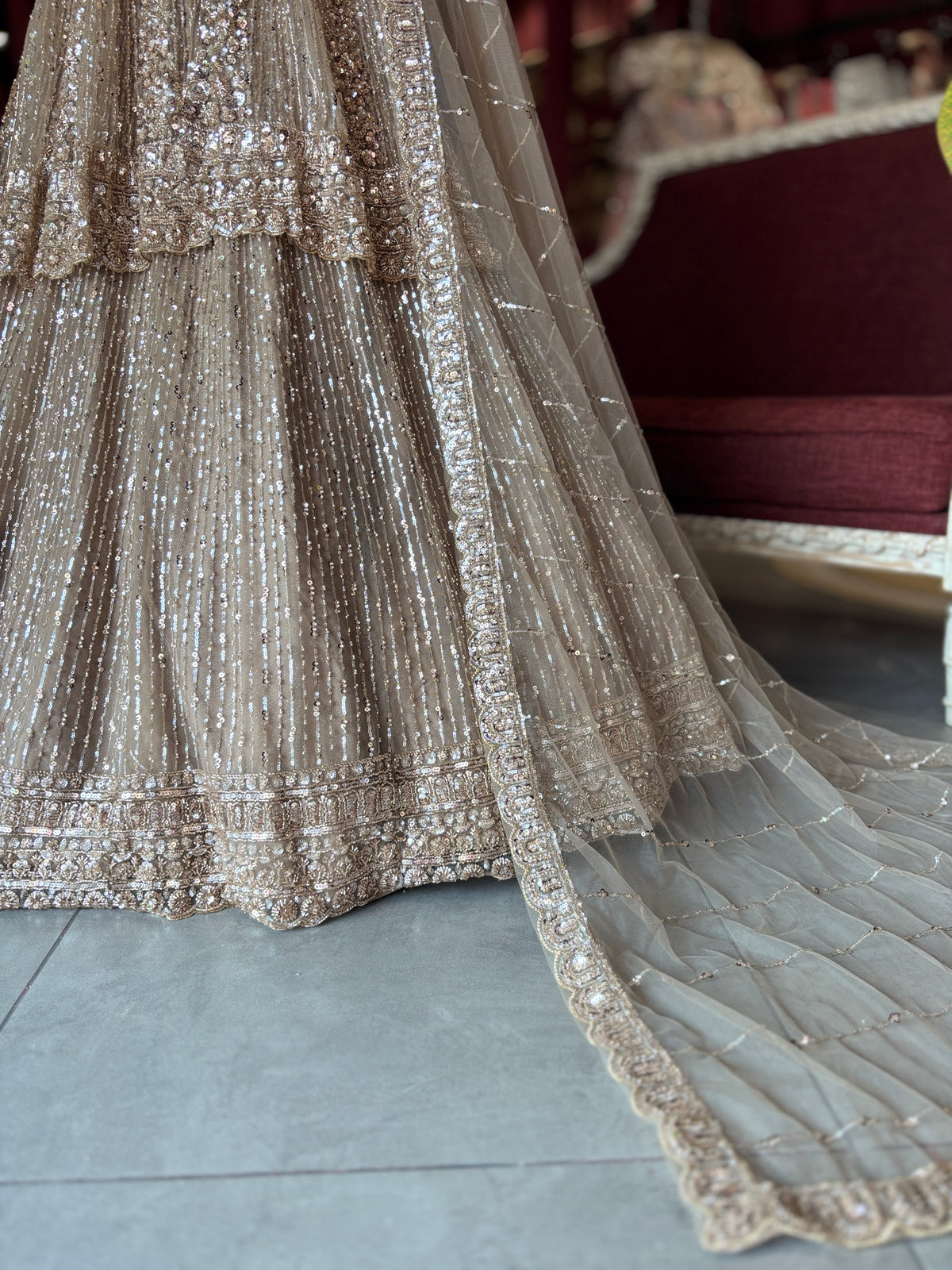 Champagne Sequin Designer Lehenga with Embellished Net Dupatta