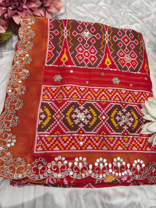 Patola Red Colour Saree with Geometric Floral Patterns