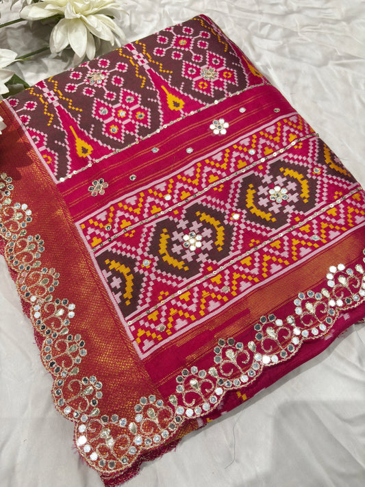 Patola Rani Colour Saree with Geometric Floral Patterns