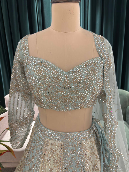 Designer Embroidered Lehenga with Sheer Sleeves & Mirror Dupatta