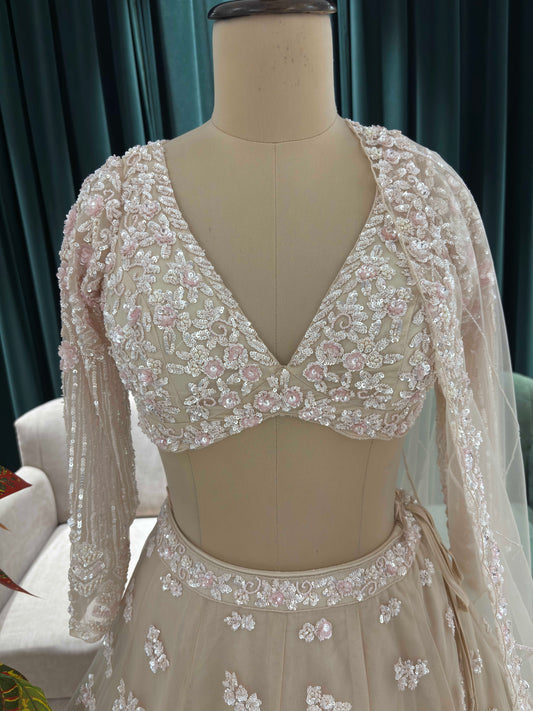 Blush Beige Floral Embroidered Lehenga Set with Sheer Dupatta