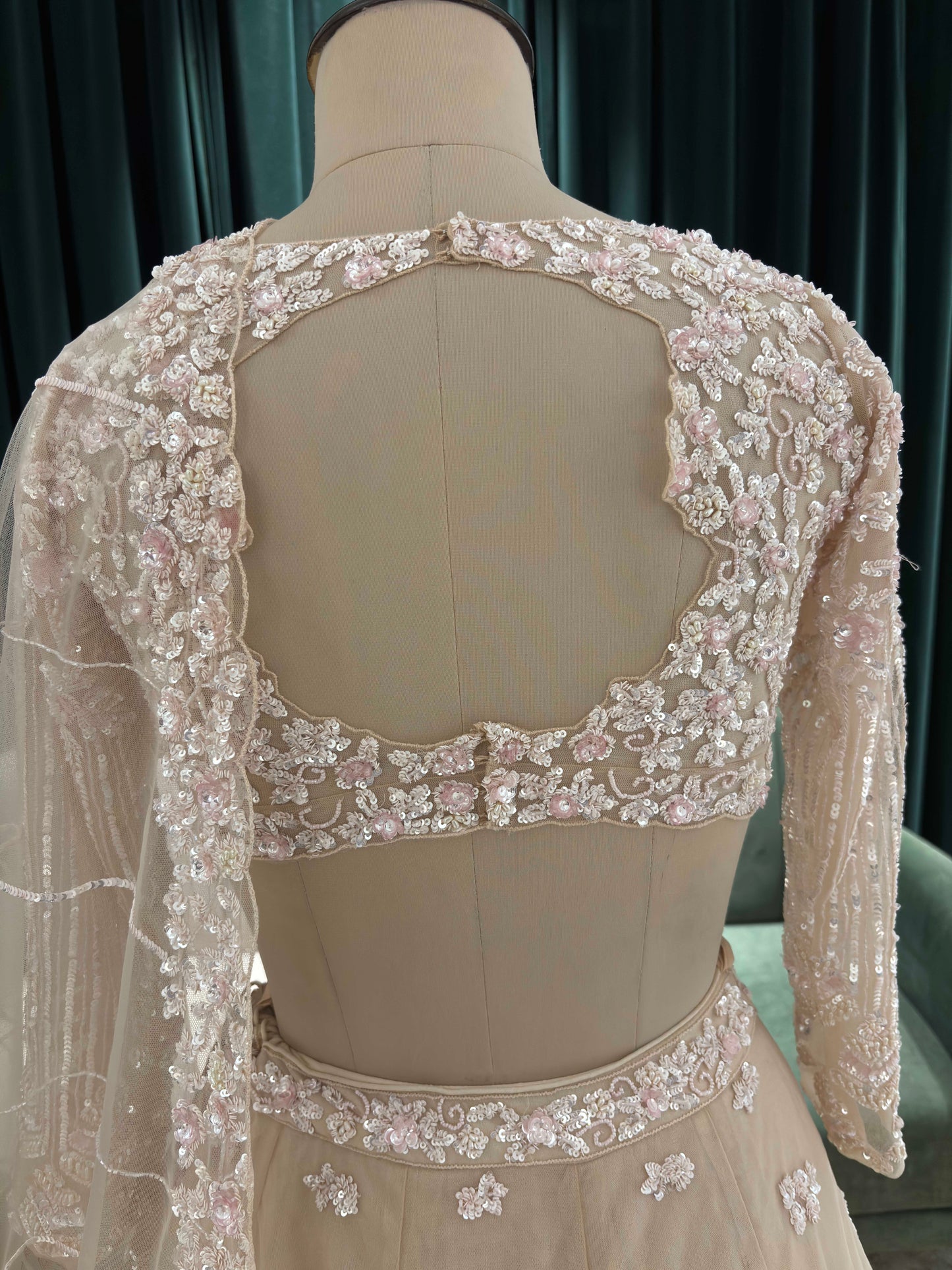 Blush Beige Floral Embroidered Lehenga Set with Sheer Dupatta