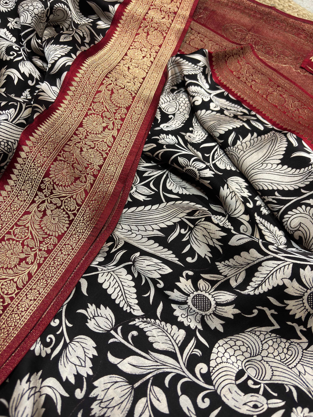 Black & Ivory Woven Saree with Peacock Motifs & Maroon Zari Border