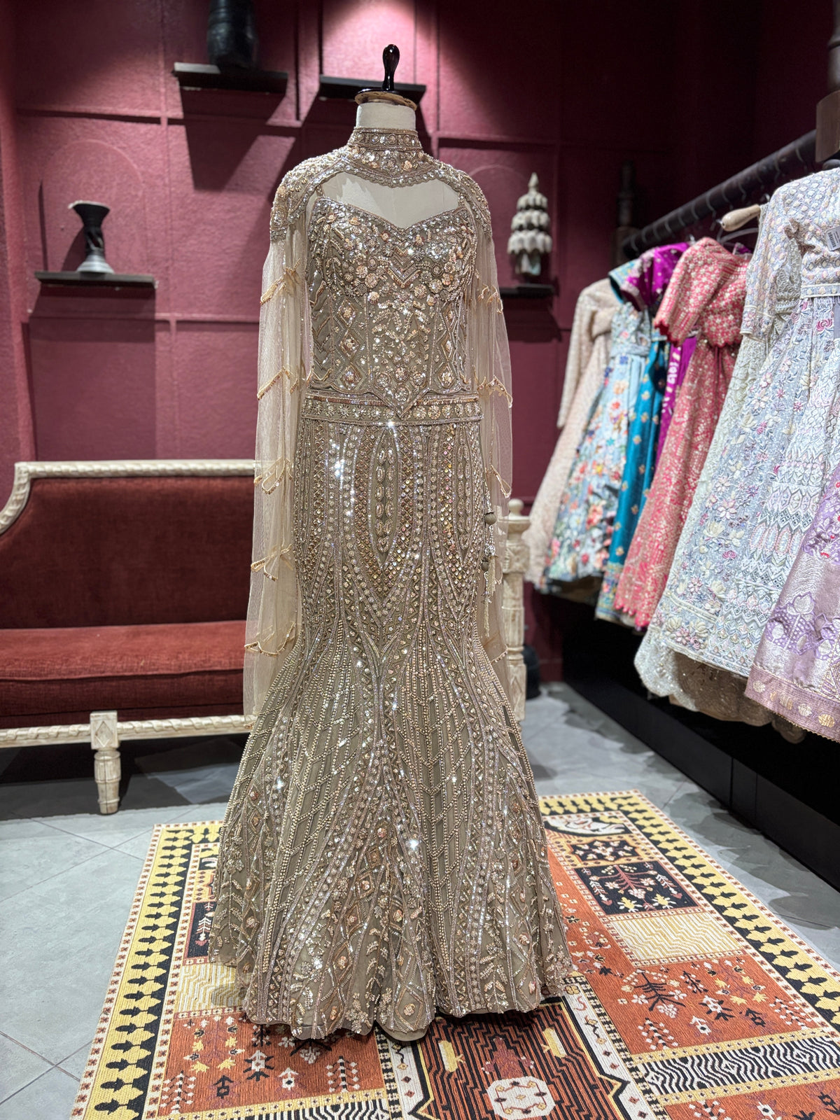 Champagne Gold Heavy Embellished Fish Cut Lehenga Set